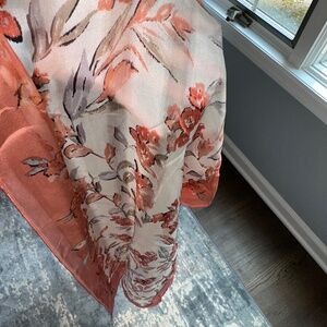 Lightweight Floral Watercolor Scarf – Coral & Cream – approx 70" x 21"